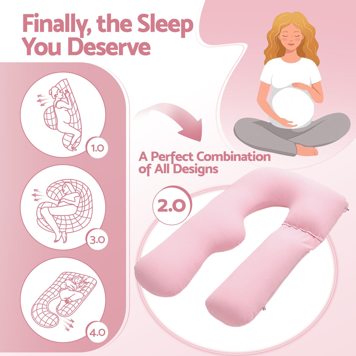 Giselle Bedding Pregnancy Pillow U Shaped Full Body Pillow with 100% Cotton Jersey Cover Maternity Pillow for Sleeping Reading, Pink, 73x133cm
