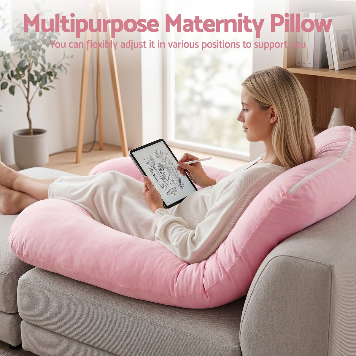 Giselle Bedding Pregnancy Pillow U Shaped Full Body Pillow with 100% Cotton Jersey Cover Maternity Pillow for Sleeping Reading, Pink, 73x133cm