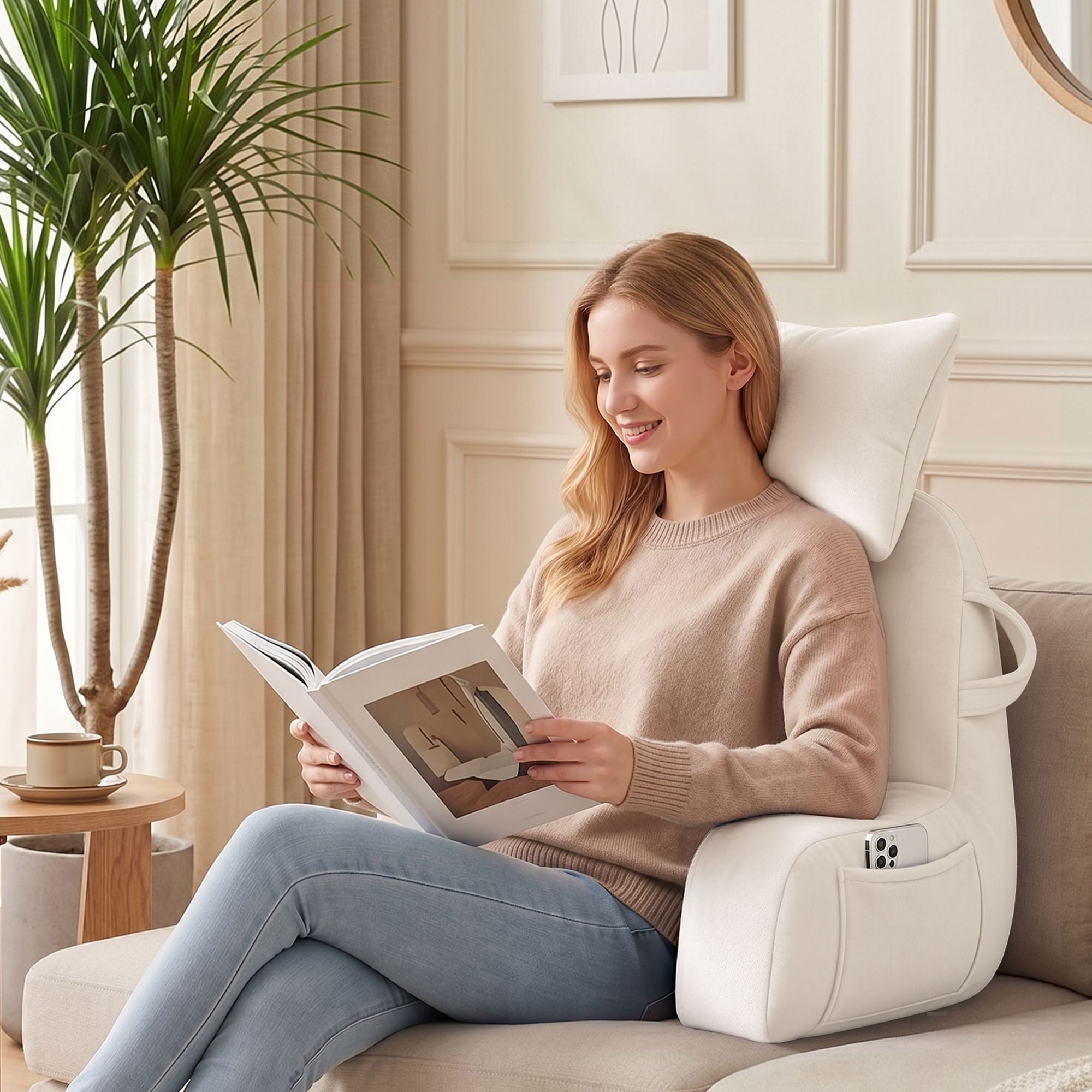 Giselle Bedding Reading Pillow with Detachable Neck Roll & Armrests Sit Up Pillow for Bed Back Support Pillow for Watching TV & Gaming Beige
