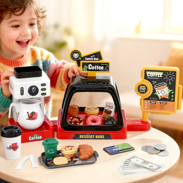 Keezi Kids Pretend Role Play Toy Coffee w/Coffee Maker Machine Money Food Tea