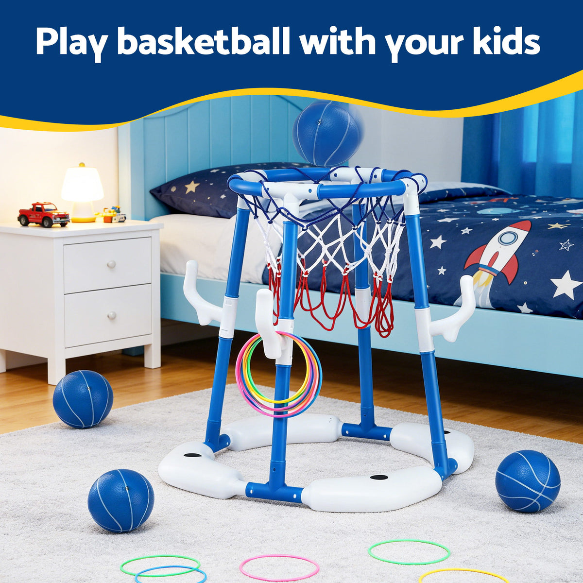 Keezi Kids Basketball Hoop with 4 balls Ring Toss Sports Pool Toys Blue