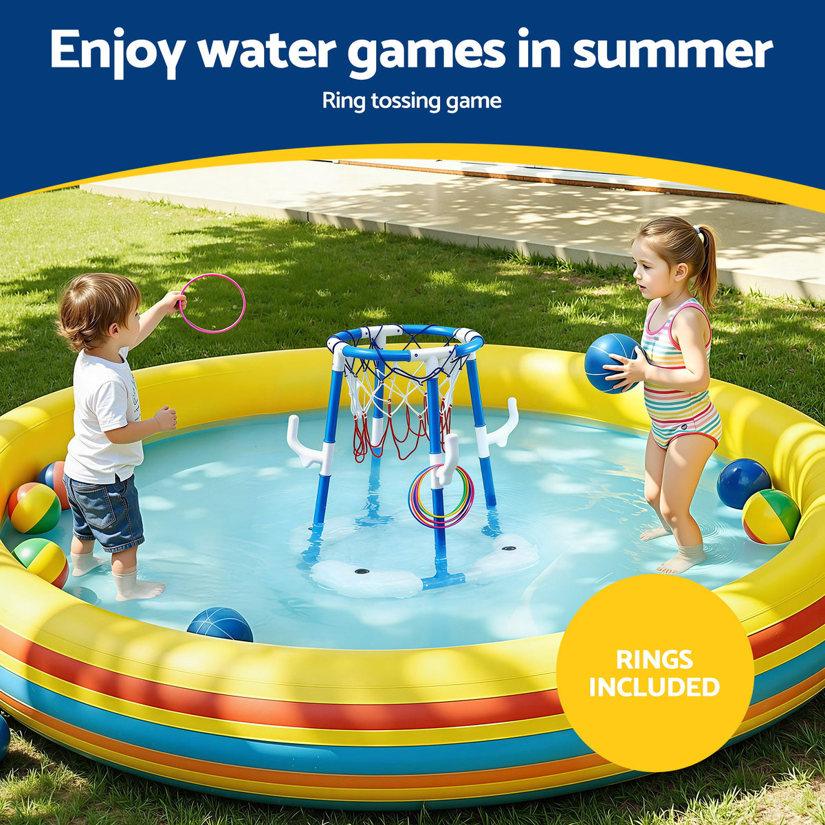 Keezi Kids Basketball Hoop with 4 balls Ring Toss Sports Pool Toys Blue
