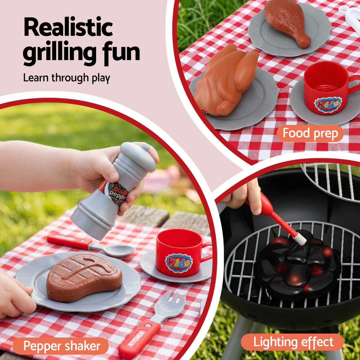 Keezi Kids Pretend Kitchen BBQ Playset Role Play Toy with charcoal Play Food Cup