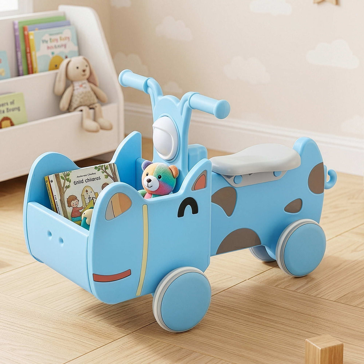 KEEZI Kids Ride On Push Car Toys with Storage Space Animal Stickers Blue 67CMX43CM