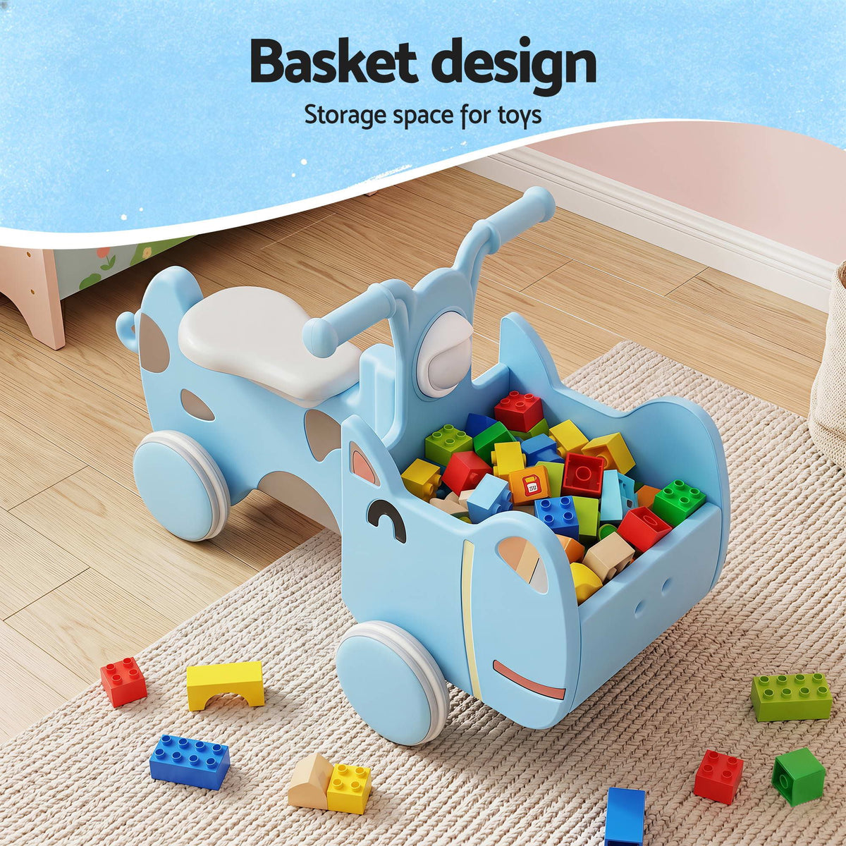 KEEZI Kids Ride On Push Car Toys with Storage Space Animal Stickers Blue 67CMX43CM