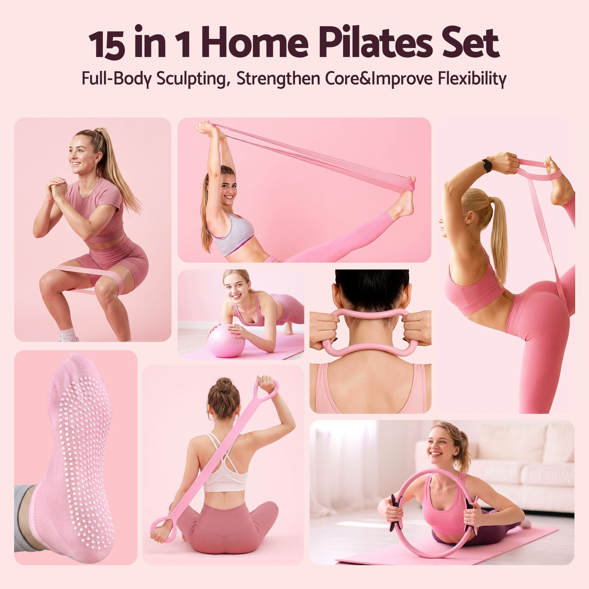 Everfit Pilates Ring Set for Women, 15pcs Home Workout Pilates Eq - PR-A-15PC-PK