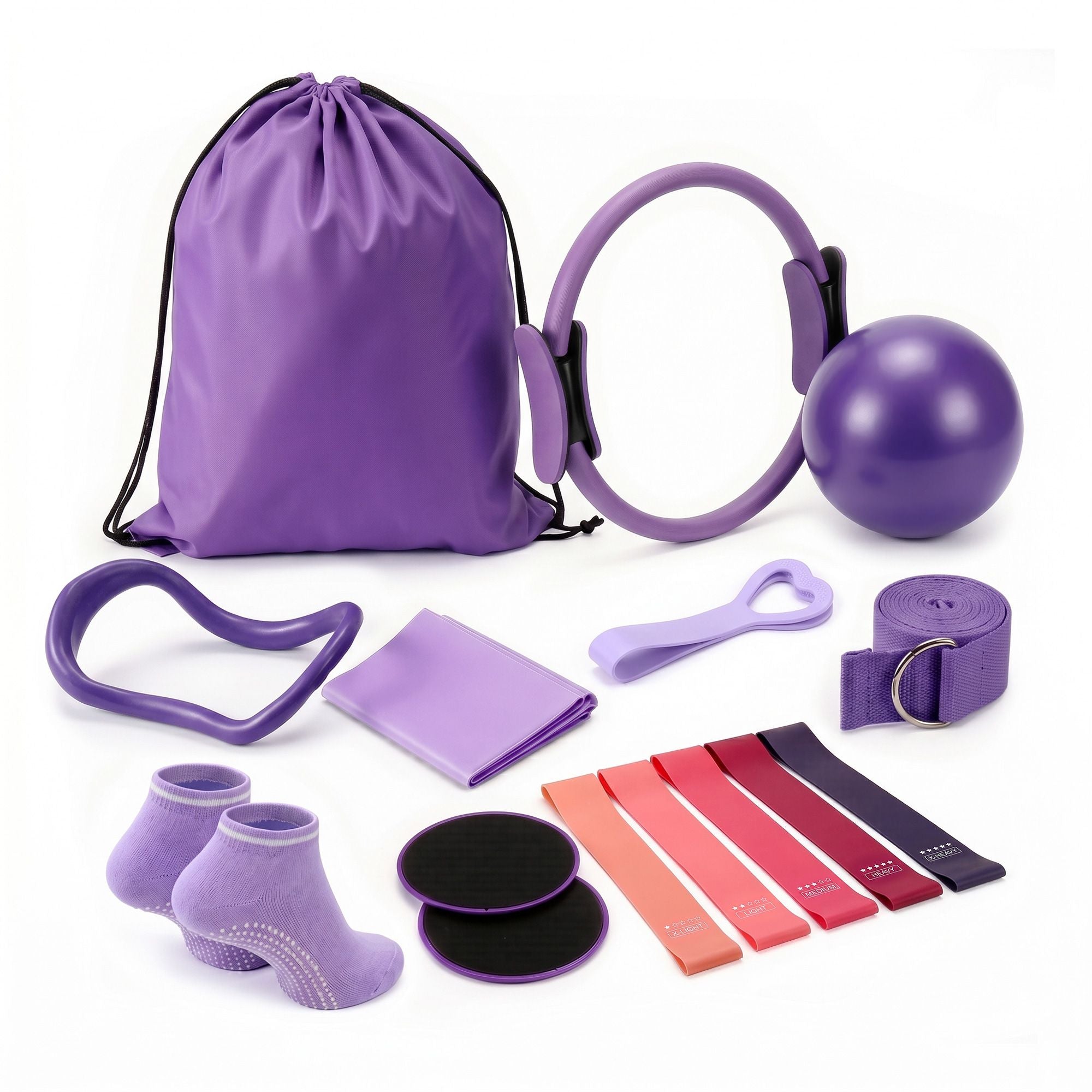 Everfit Pilates Ring Set for Women, 15pcs Home Workout Pilates Equipment with Ring, Ball, Yoga Socks, D-Ring etc. Pilates Starter Kit for Strength, Toning and Flexibility Purple