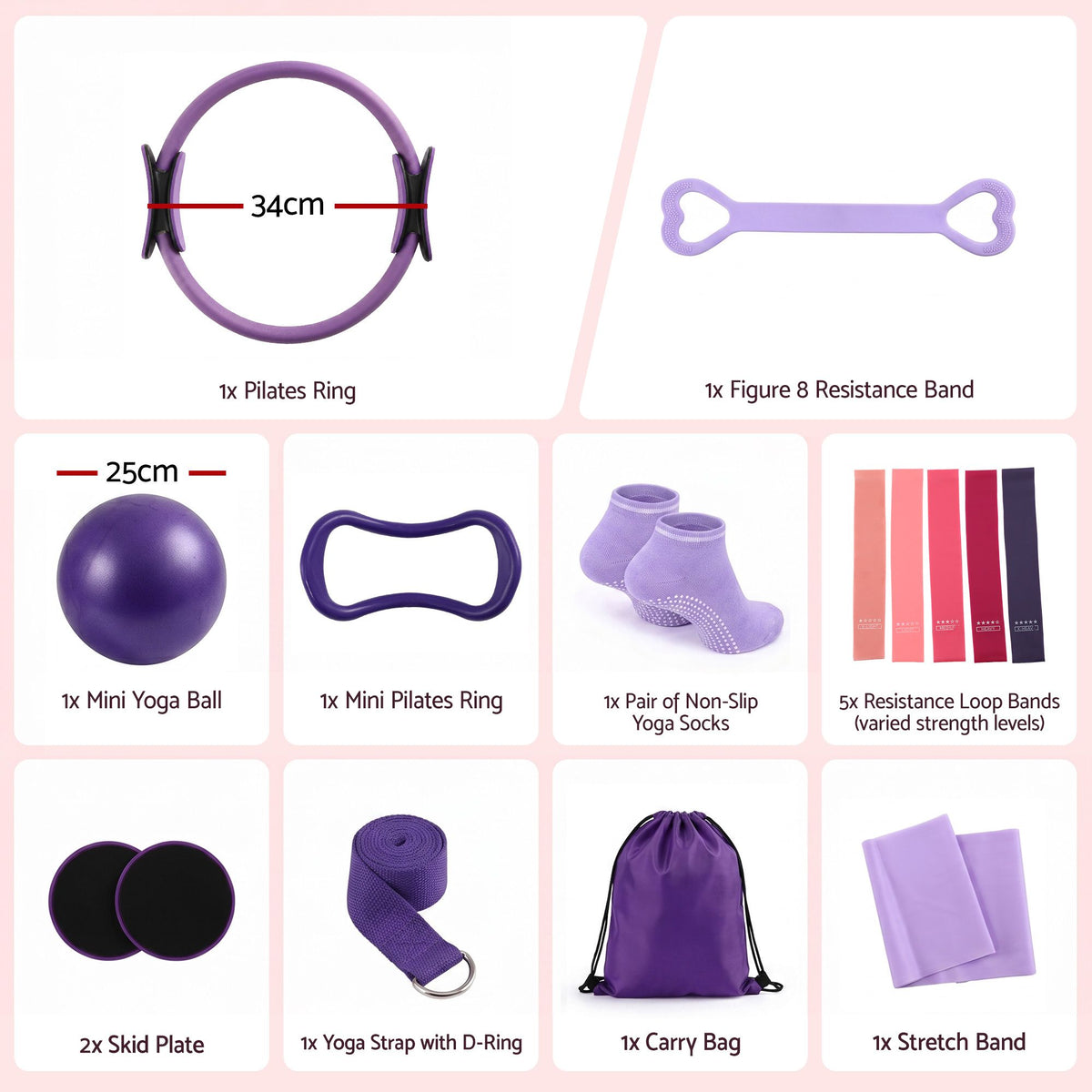 Everfit Pilates Ring Set for Women, 15pcs Home Workout Pilates Equipment with Ring, Ball, Yoga Socks, D-Ring etc. Pilates Starter Kit for Strength, Toning and Flexibility Purple