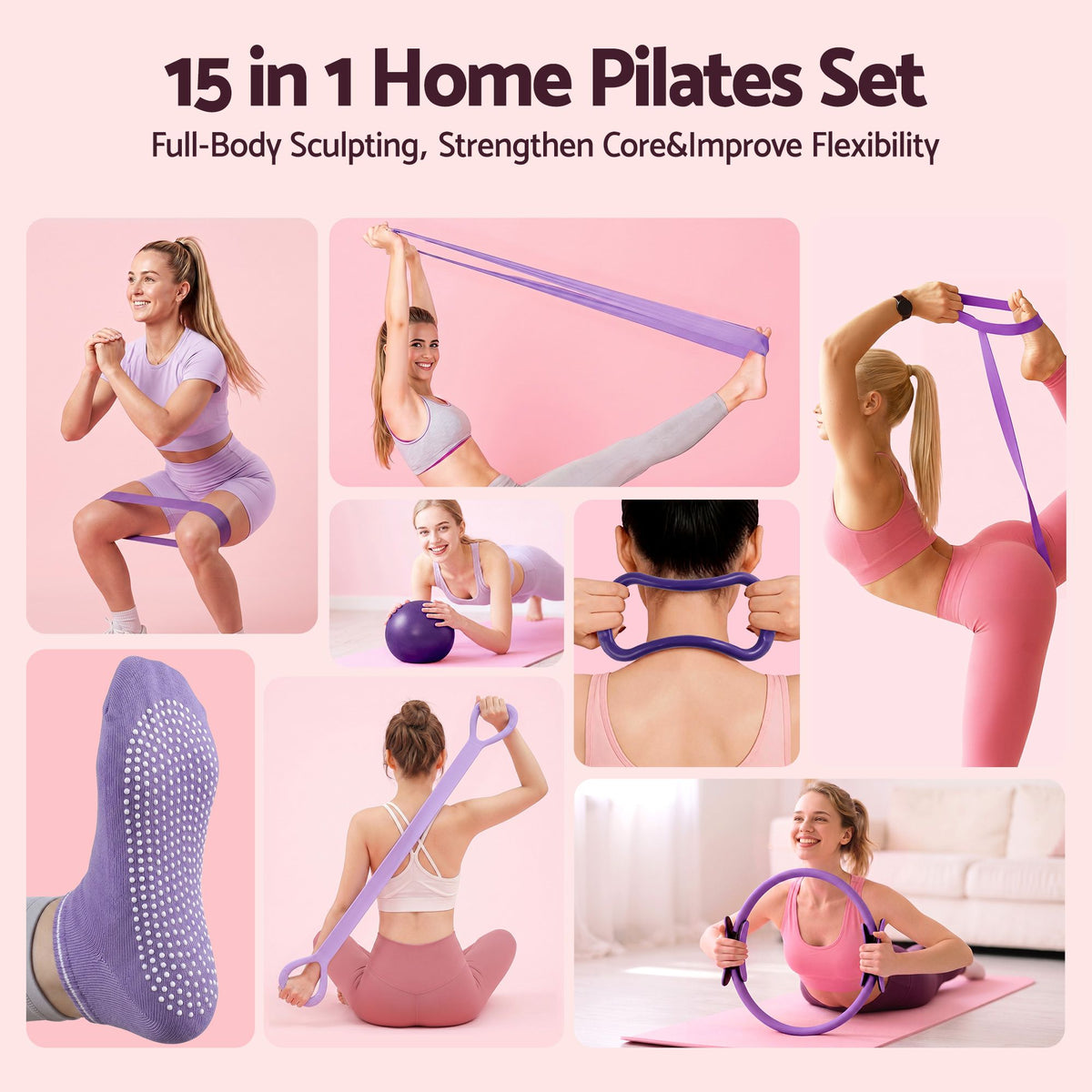 Everfit Pilates Ring Set for Women, 15pcs Home Workout Pilates Equipment with Ring, Ball, Yoga Socks, D-Ring etc. Pilates Starter Kit for Strength, Toning and Flexibility Purple