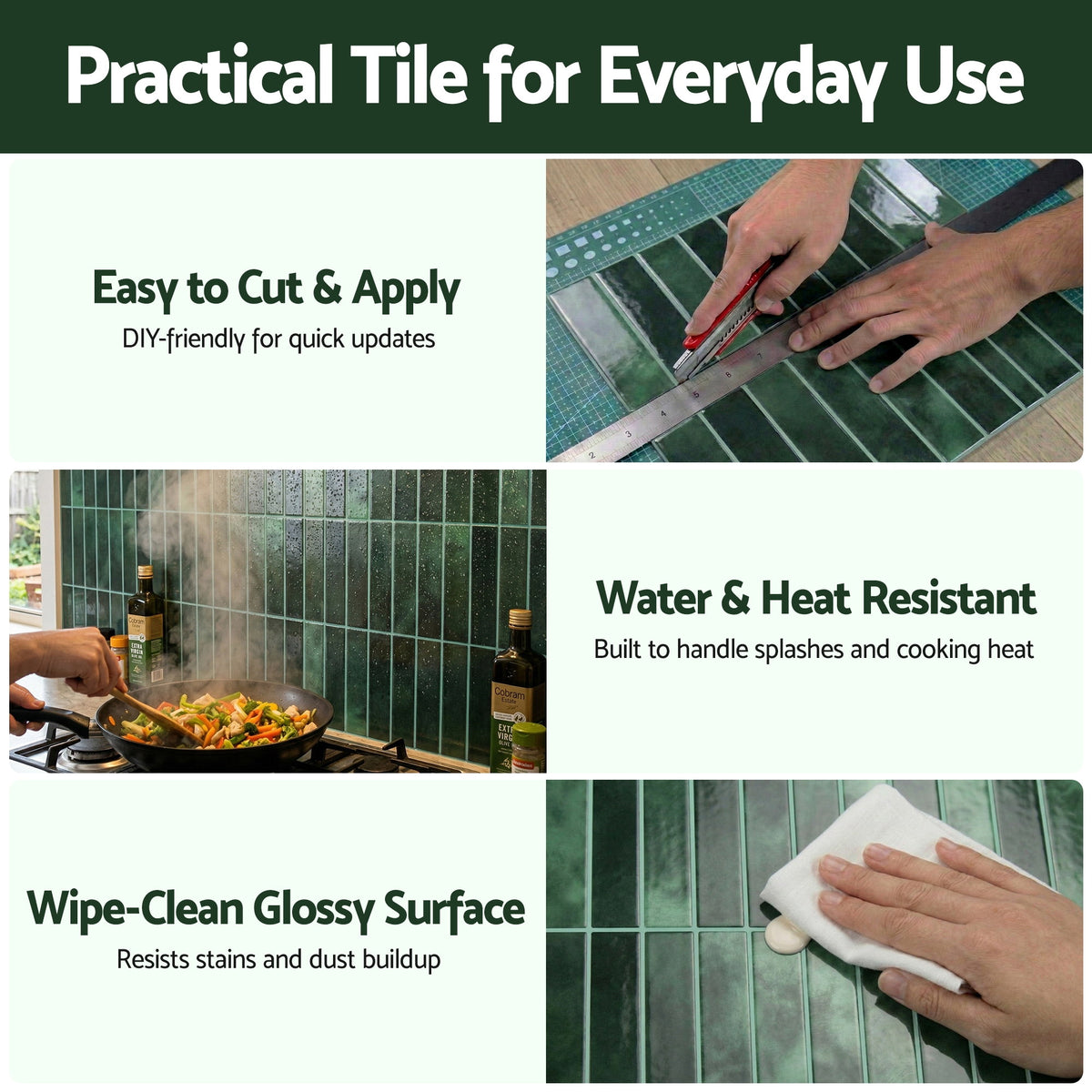 Artiss 3D Peel and Stick Wall Tiles Self Adhesive LinearGrid Backsplash 10 Sheets, Green