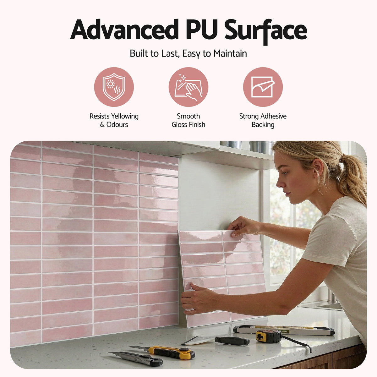 Artiss 3D Peel and Stick Wall Tiles Self Adhesive LinearGrid Backsplash 10 Sheets, Pink