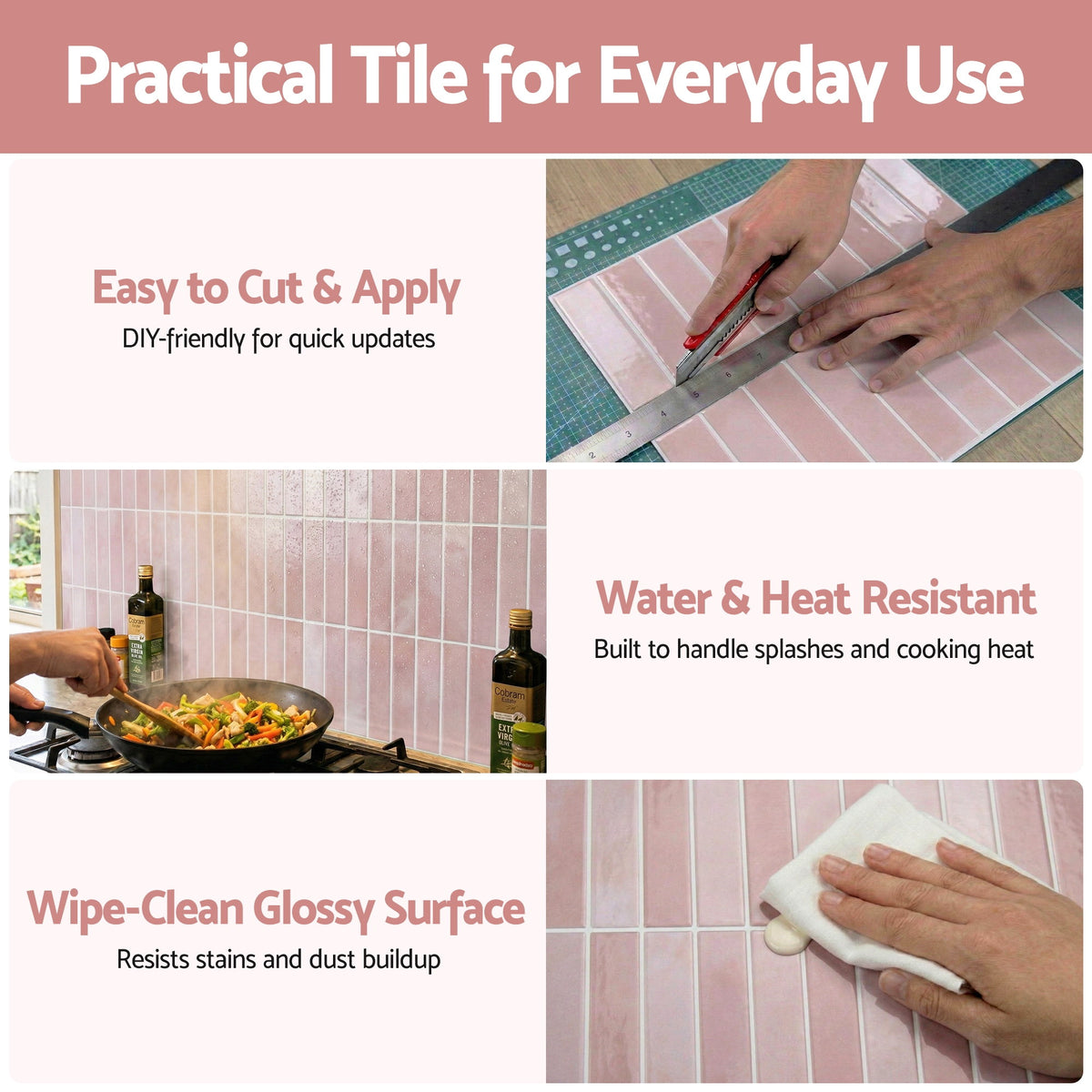 Artiss 3D Peel and Stick Wall Tiles Self Adhesive LinearGrid Backsplash 10 Sheets, Pink