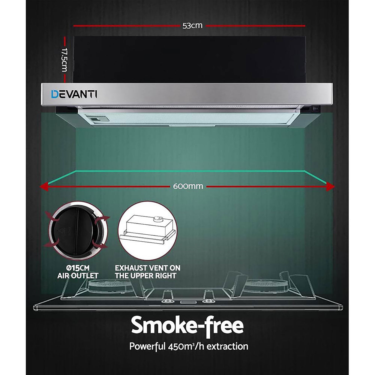 Devanti 600mm Range Hood 60cm Slide out Rangehood Stainless Steel