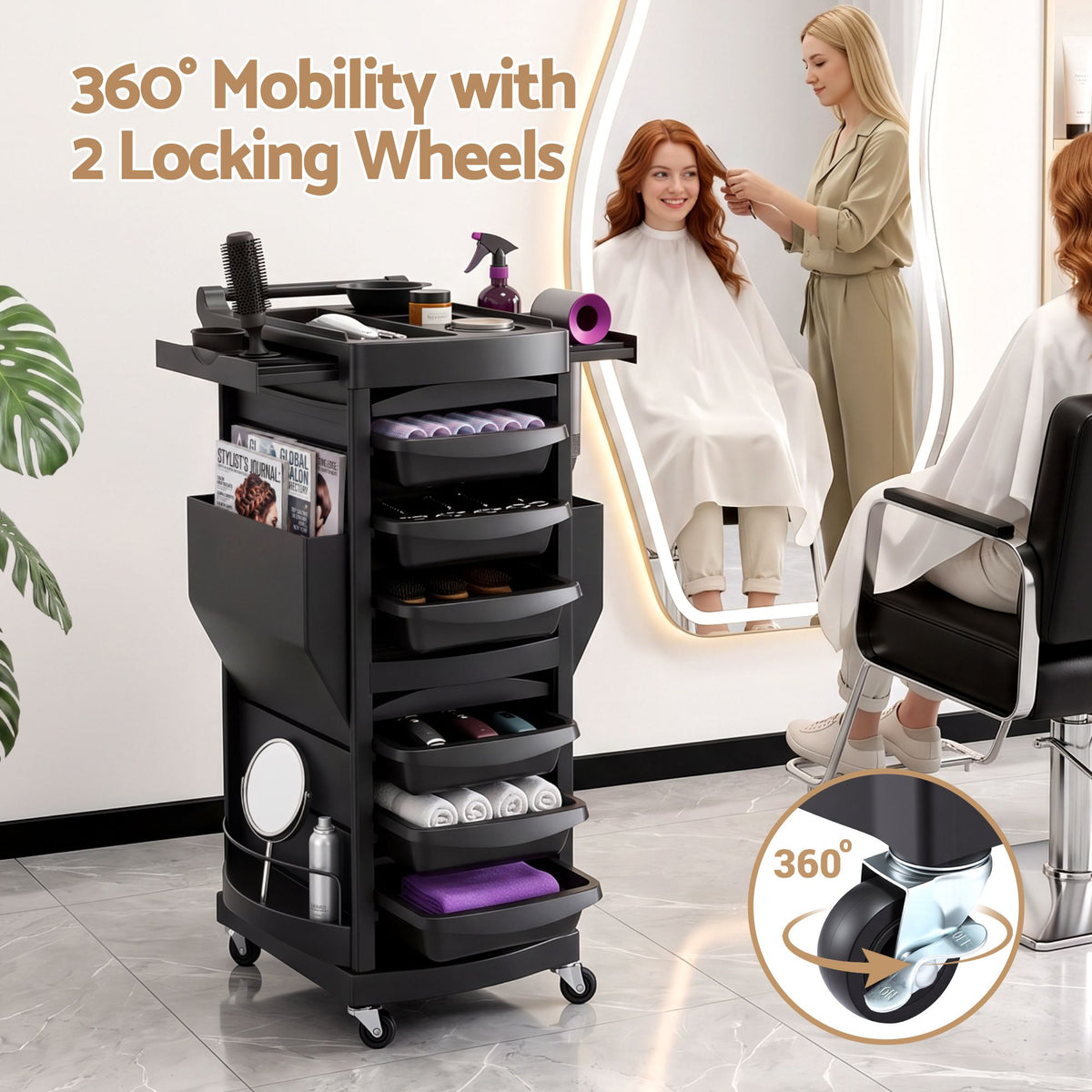 Embellir Salon Trolley 2 Lockable Doors 6 Tier Trays Mobile Hair Cart Black
