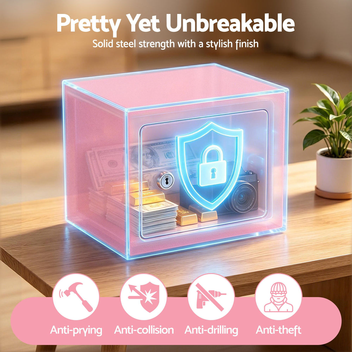 UL-Tech 6.5L Small Safe Box with Key Lock for Cash Mini Home Security Safe Pink