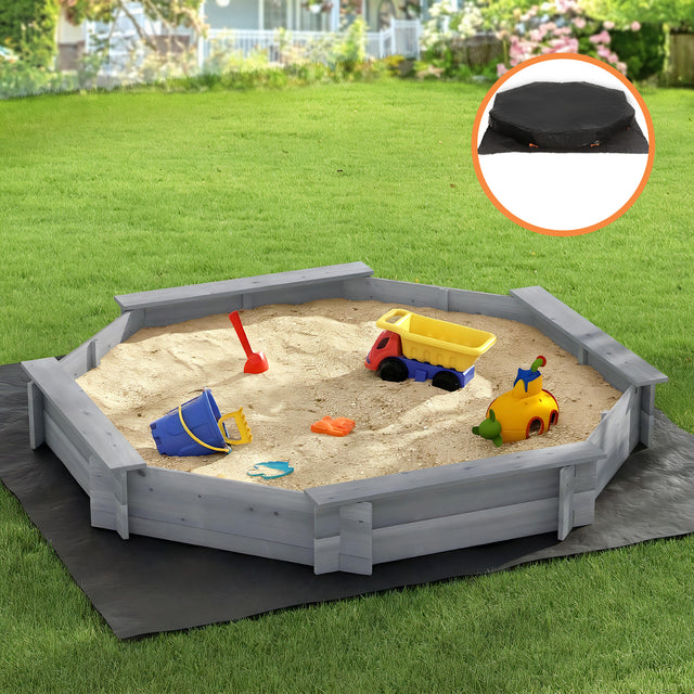 Keezi Kids Sandpit Wooden Round Sand Pit Cover Bench Seat Beach Toys 182 cm Grey