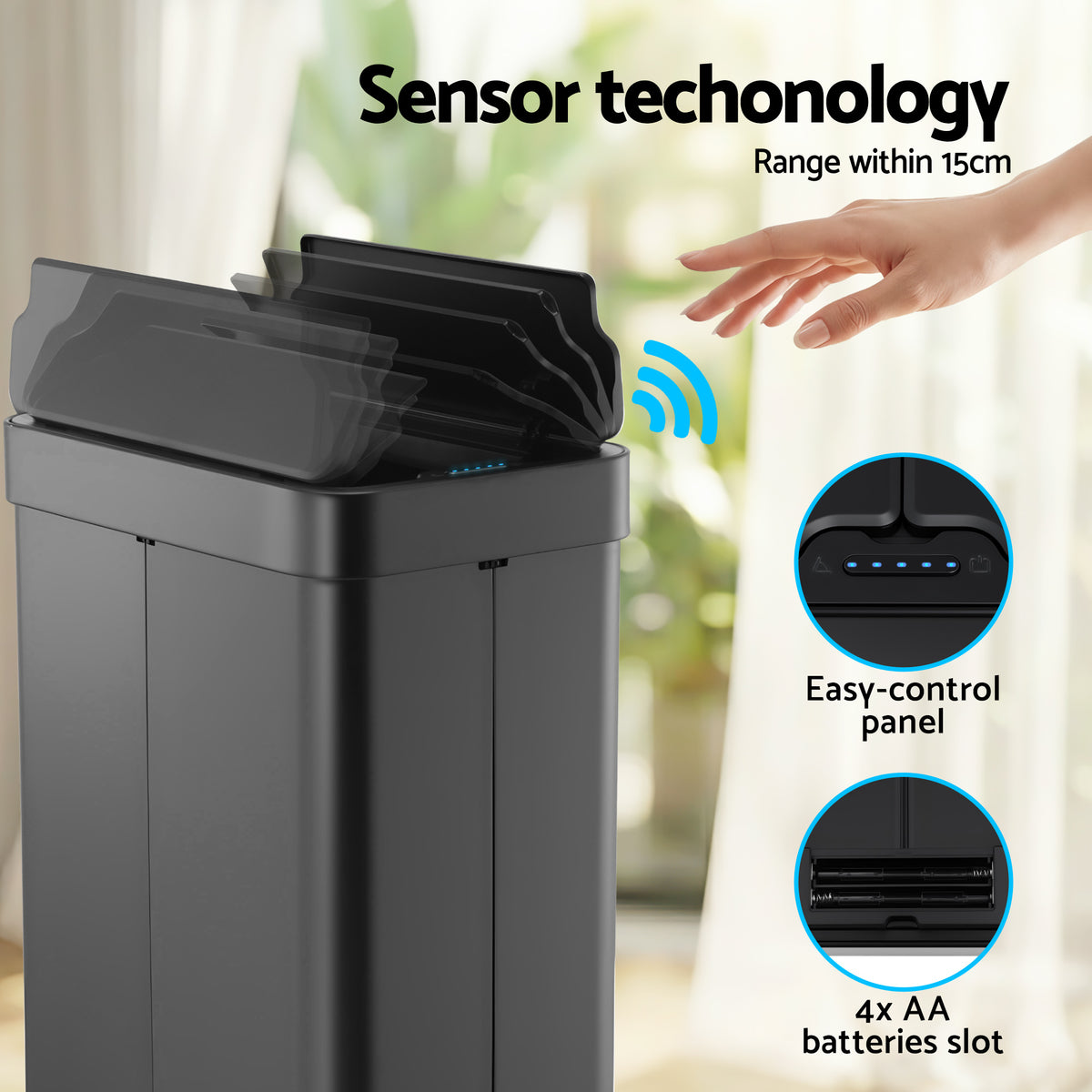 Devanti Rubbish Bin 70L Automatic Sensor Kitchen Bin, Slim Smart - SB-E-70L-BK