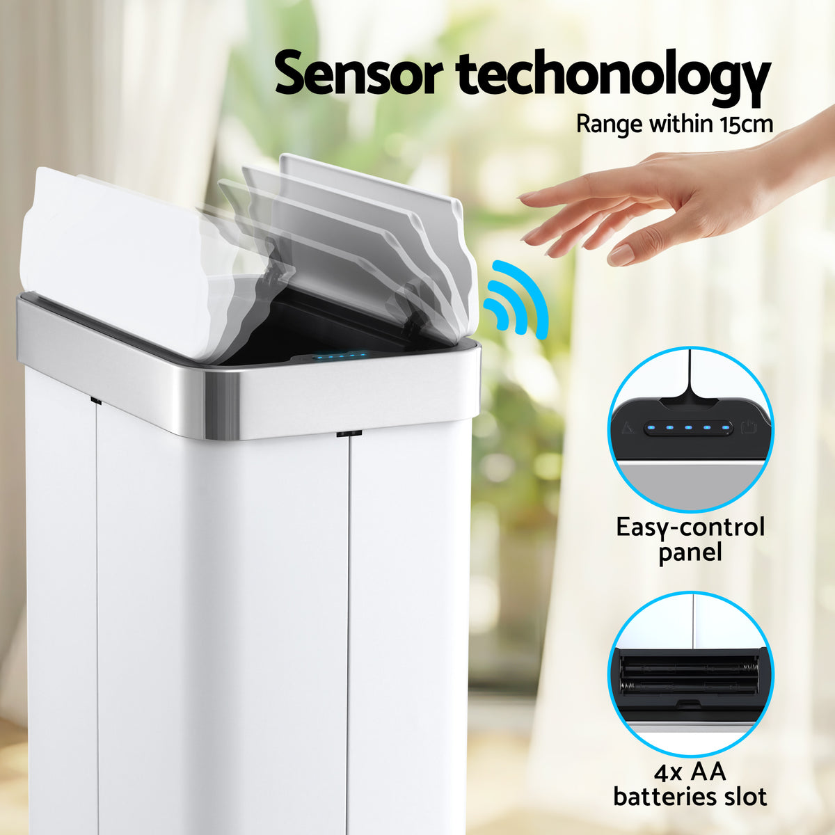 Devanti Rubbish Bin 70L Automatic Sensor Kitchen Bin, Slim Smart - SB-E-70L-WH