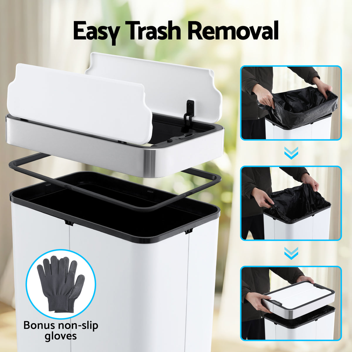 Devanti Rubbish Bin 70L Automatic Sensor Kitchen Bin, Slim Smart - SB-E-70L-WH