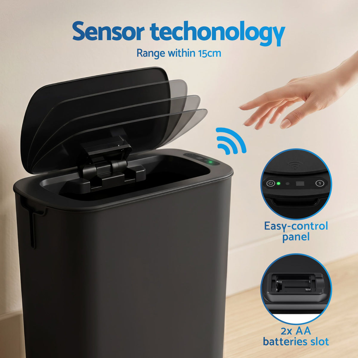 Devanti Automatic Trash Bin 2PCS with Lid 11L Motion Sensor - SB-F-11L-BKX2