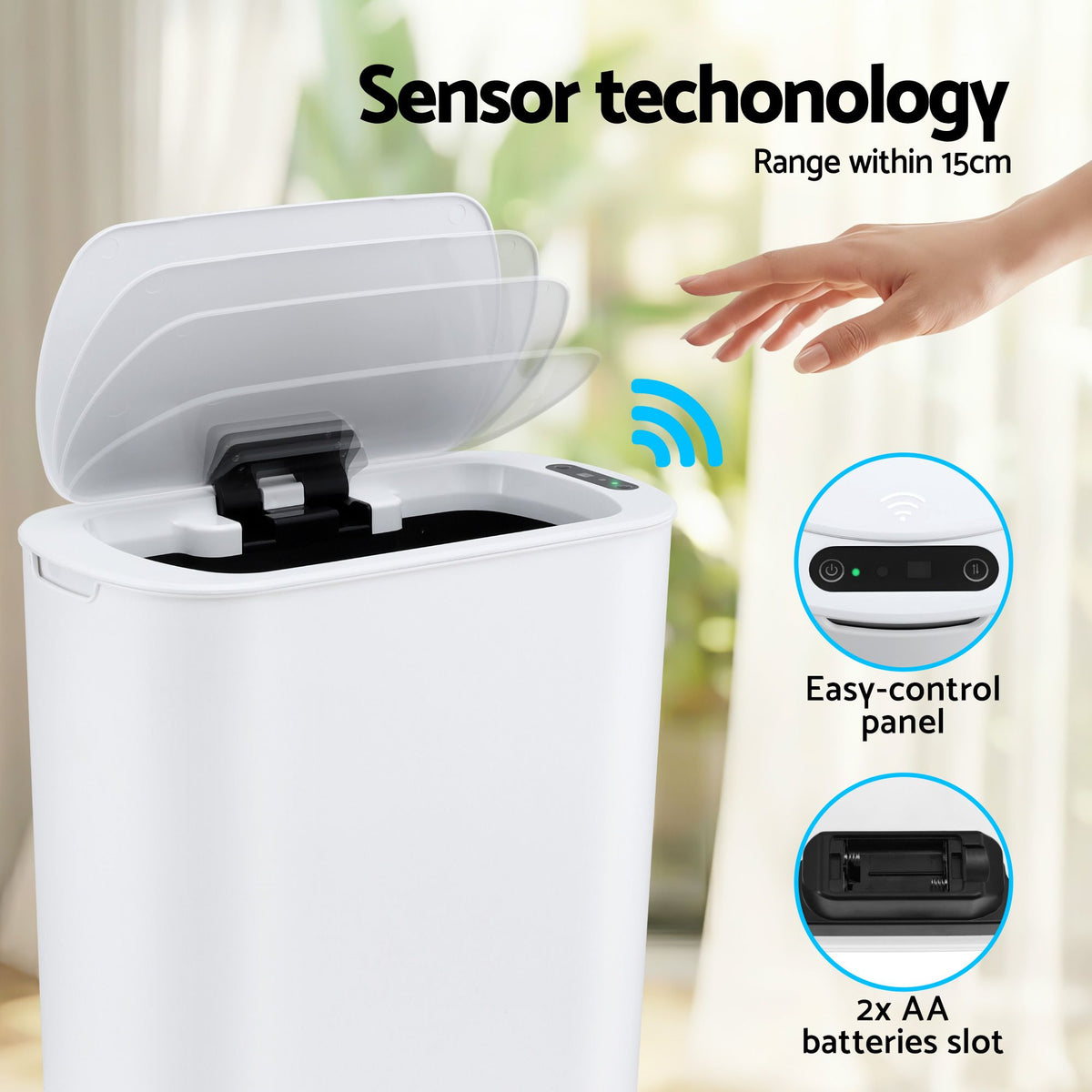 Devanti Automatic Trash Bin with Lid 21L Motion Sensor Kitchen Bin Touchless Garbage Can Plastic Slim Rubbish Bin with Liner Holder for Kitchen, Home, Office, White
