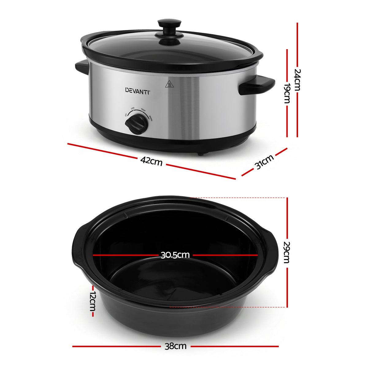 Devanti 6.5L Slow Cooker Electric Multi Cooker with 3 Heat - SC-3G-6L-SI