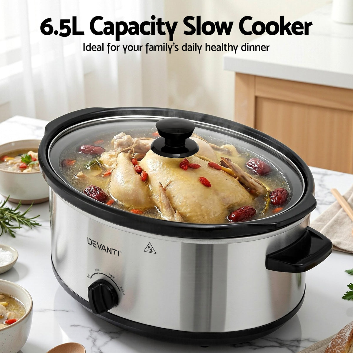 Devanti 6.5L Slow Cooker Electric Multi Cooker with 3 Heat - SC-3G-6L-SI