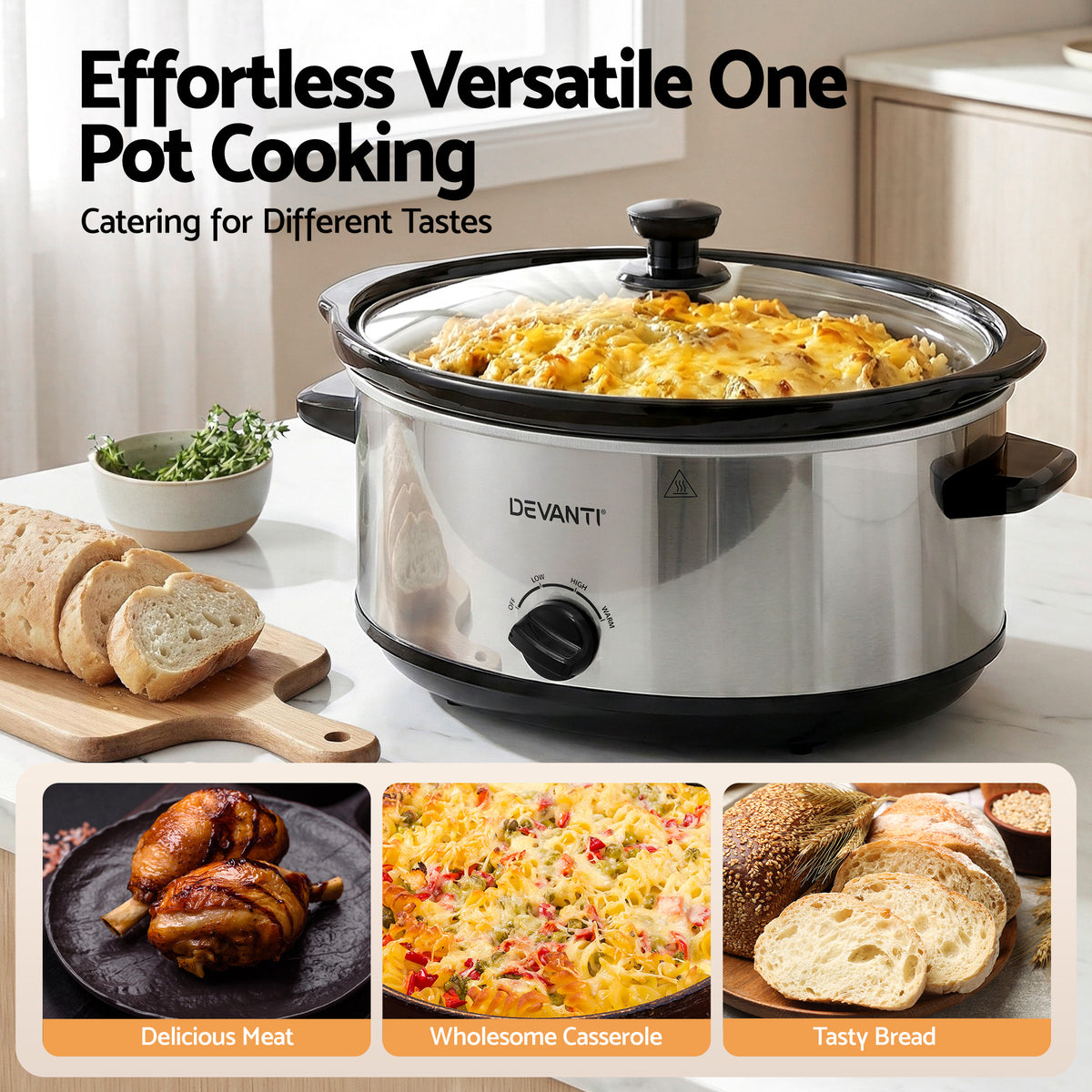 Devanti 6.5L Slow Cooker Electric Multi Cooker with 3 Heat - SC-3G-6L-SI
