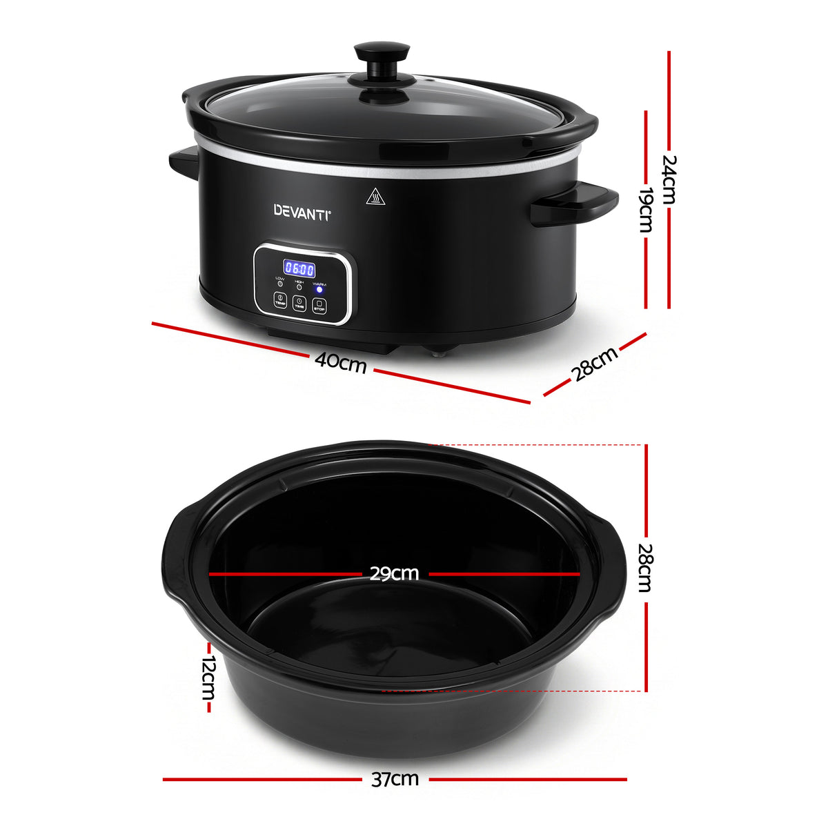 Devanti 5.6L Slow Cooker Electric Multi Cooker with 3 Heat - SC-DP-6QT-BK