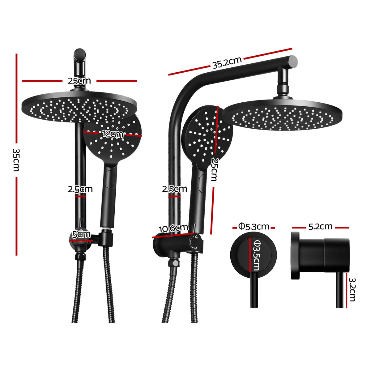 Cefito 9'' Rain Shower Head Set Handheld Round High Pressure Twins Tap Chrome