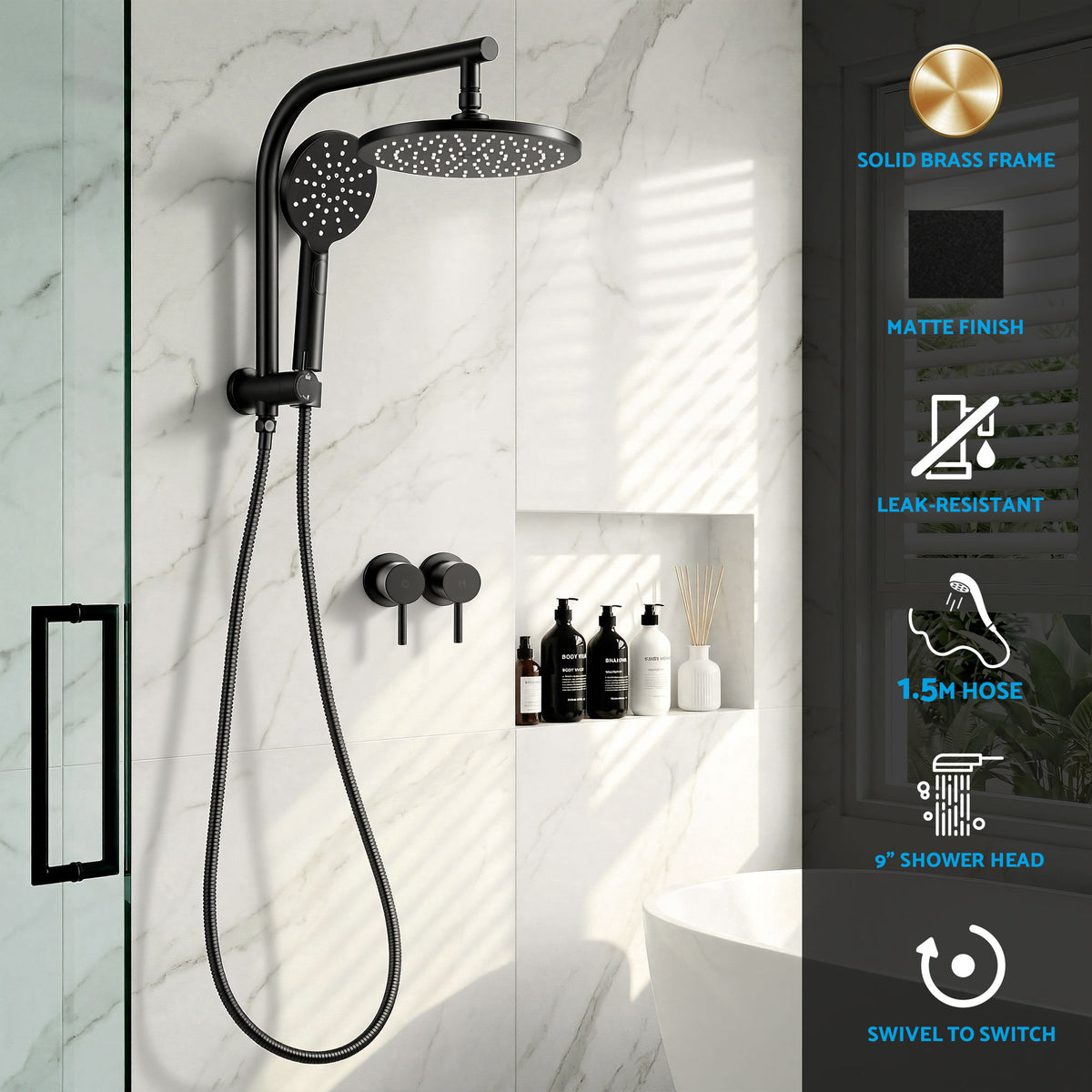 Cefito 9'' Rain Shower Head Set Handheld Round High Pressure Twins Tap Chrome