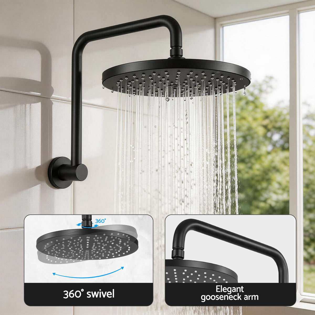 Cefito 9'' Rain Overhead Swivel Shower Head with Wall Bathroom Mixer