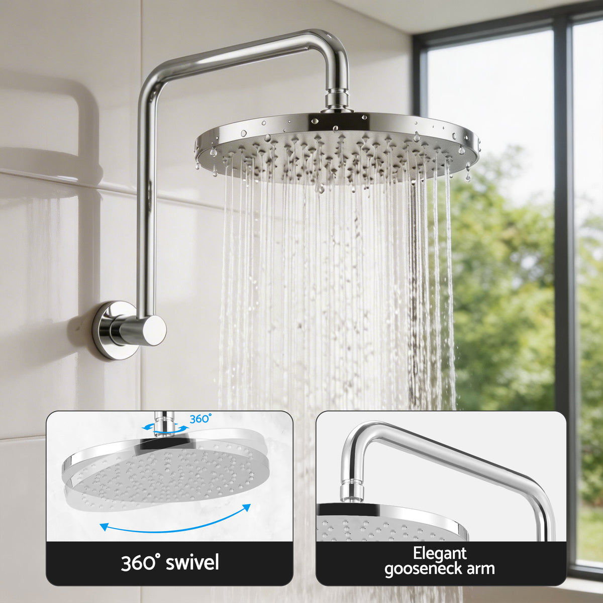Cefito 9'' Rain Overhead Swivel Shower Head with Wall Twin Swivel Bathroom Tap Silver