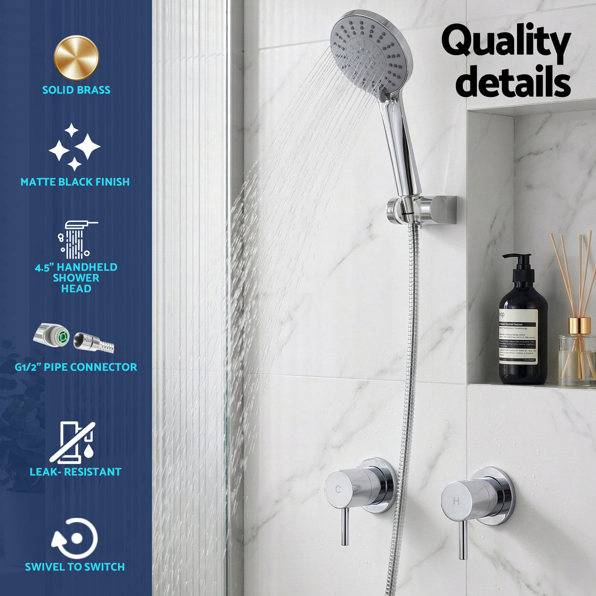 Cefito 4.5" Handheld Shower Head Round with Wall Twin Swivel Bathroom Tap Silver