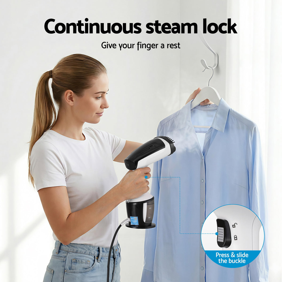 Devanti Clothes Steamer, 1500W Powerful Fast 30s Heat-Up Continuous Steam Lock 160ml Tank Fabric Brush Portable Handheld Steam Iron for Home Travel Business Trip