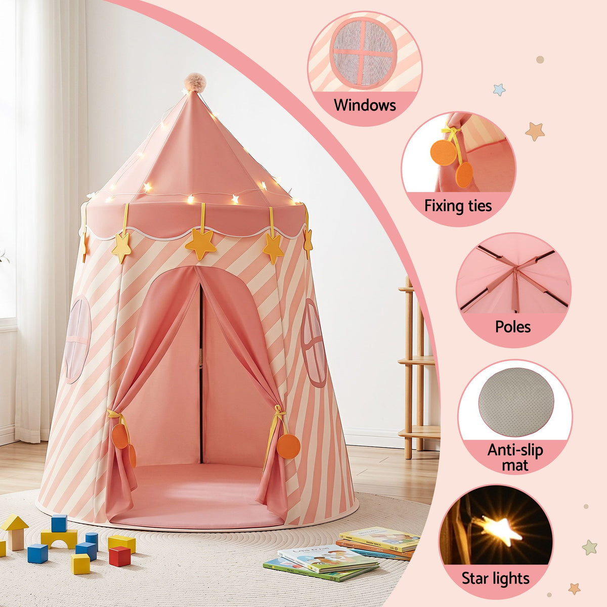 Keezi Kids Play Tent with Star Lights and Window Carry Bag 116cmx153cm Playhouse