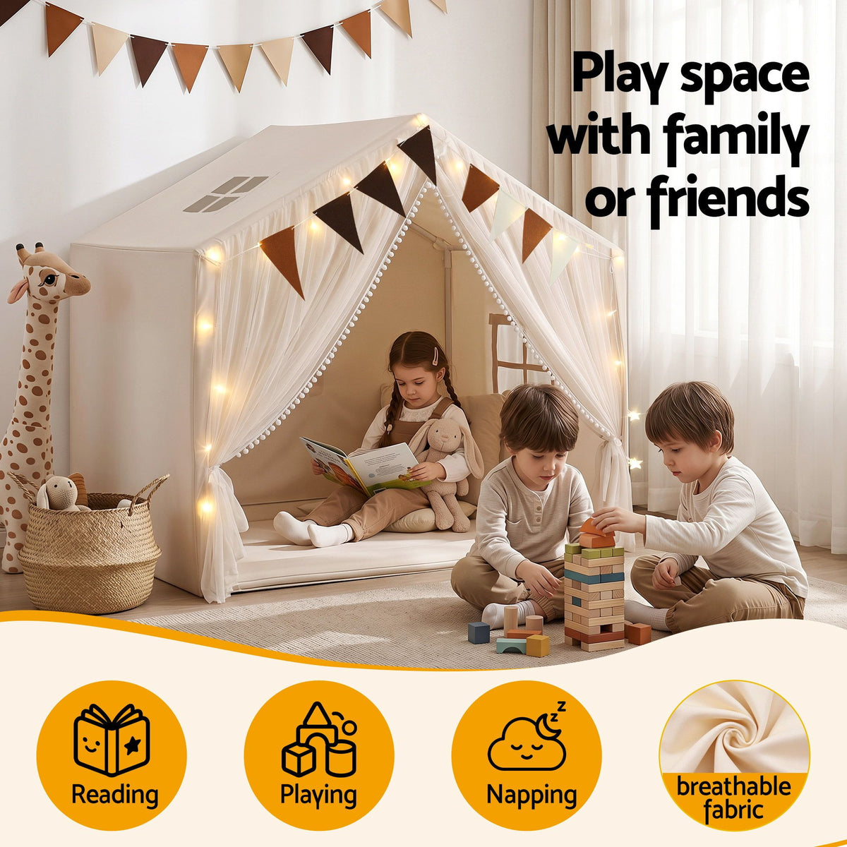 Keezi Kids Play Tent with Star Lights Windows Flag 144cmx95cm Playhouse