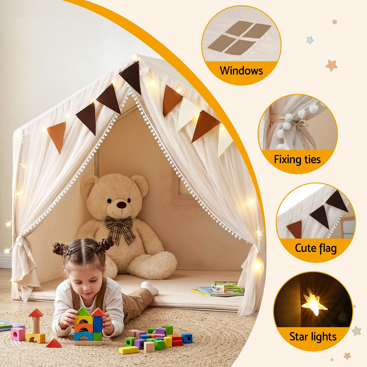 Keezi Kids Play Tent with Star Lights Windows Flag 144cmx95cm Playhouse