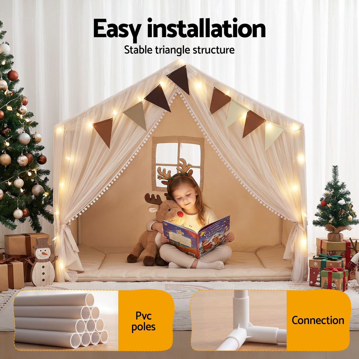 Keezi Kids Play Tent with Star Lights Windows Flag 144cmx95cm Playhouse