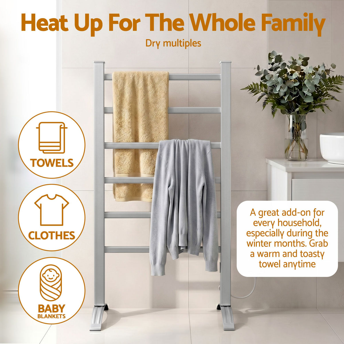 Devanti Electric Heated Towel Rail Rack 6 Bars Freestanding Clothes Dry Warmer