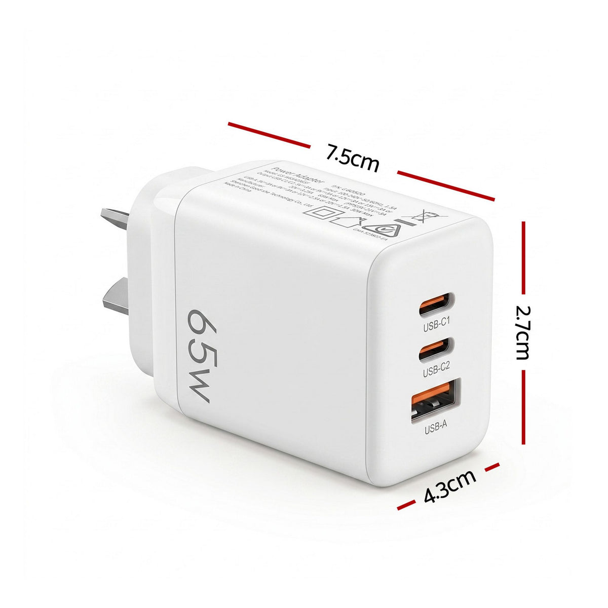 Devanti USB C Charger 65W Fast Charger 3 Port PD Wall Adapter White