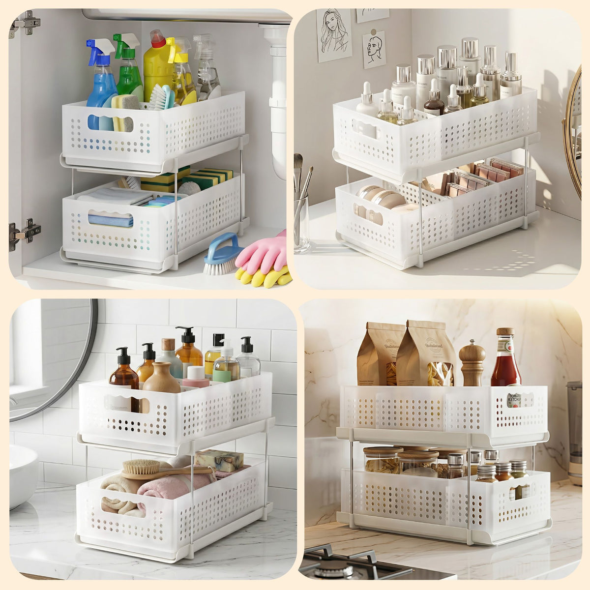Artiss Under Sink Organizer 2 Tier Pull Out Drawer White - 577263
