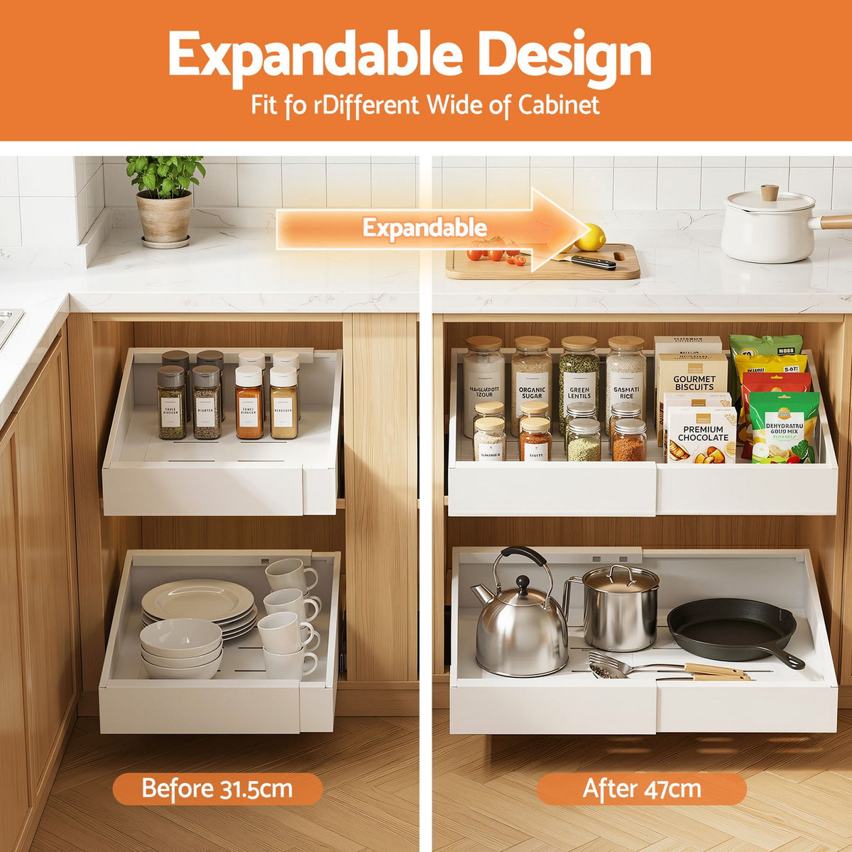 Artiss 2 Pack Pull Out Drawers for Cabinets Expandable Cabinet Organizer White