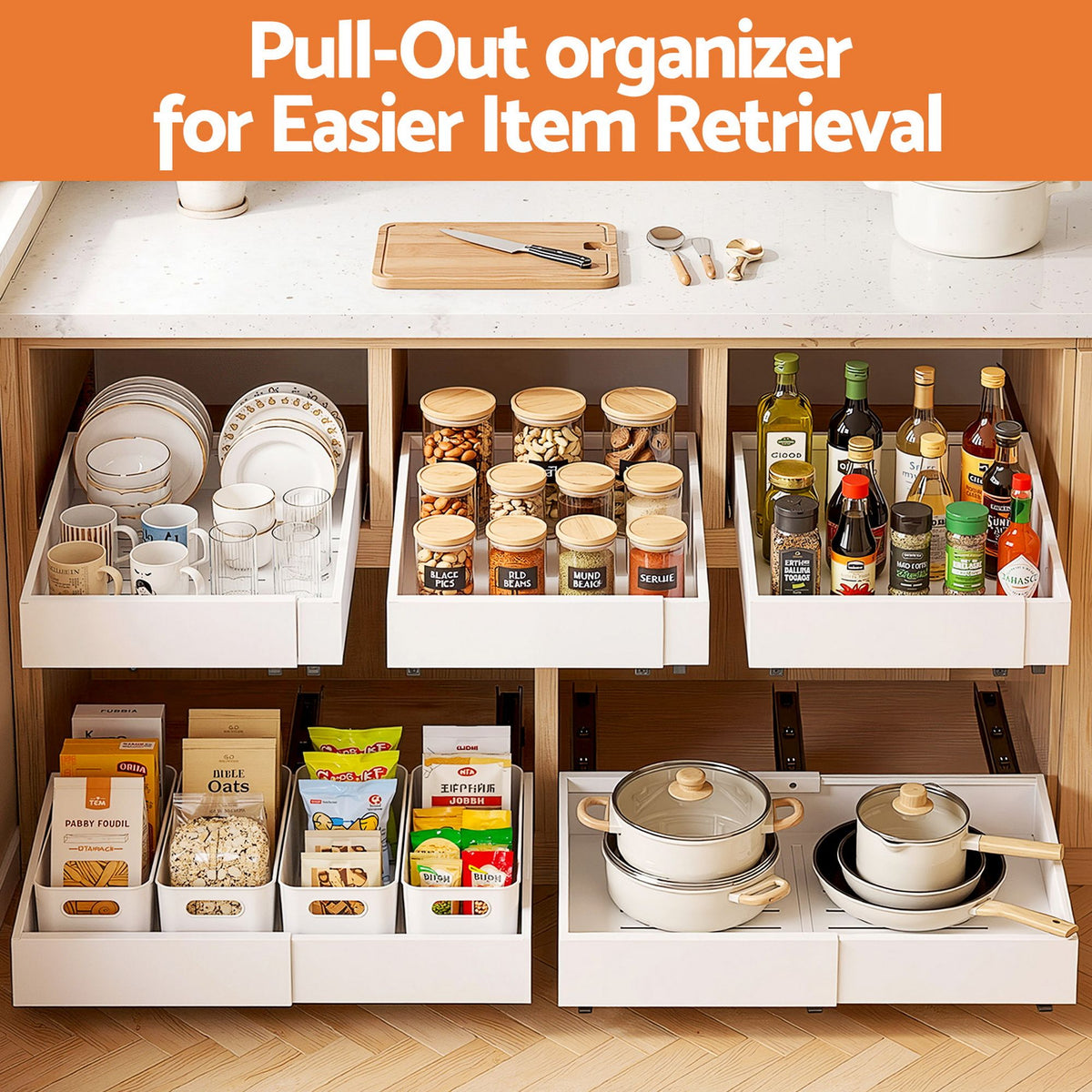 Artiss 2 Pack Pull Out Drawers for Cabinets Expandable Cabinet Organizer White