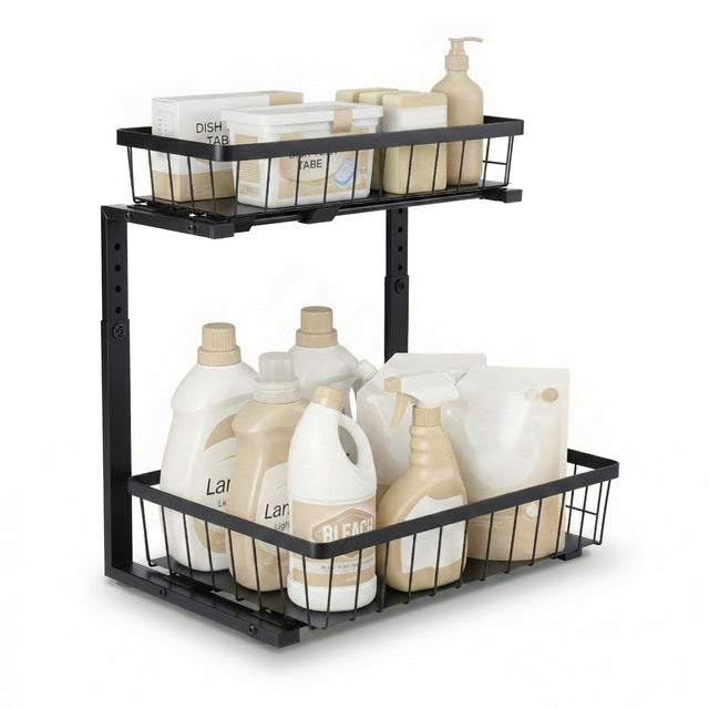 Artiss Under Sink Organizer Storage w/2 Slide Out 5 Adjustable Cabinet Black