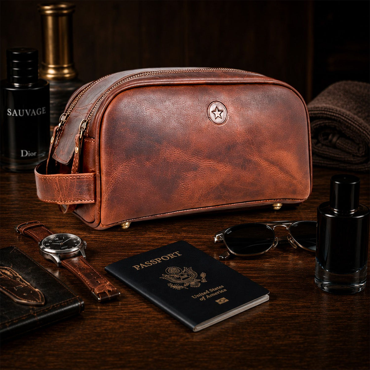 Leather Toiletry Bag for Men Leather Unisex Make-up Bag Travel Dopp Kit