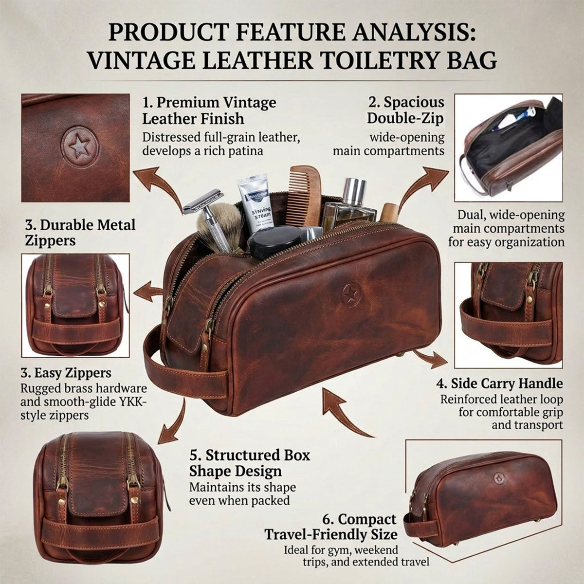 Leather Toiletry Bag for Men Leather Unisex Make-up Bag Travel Dopp Kit