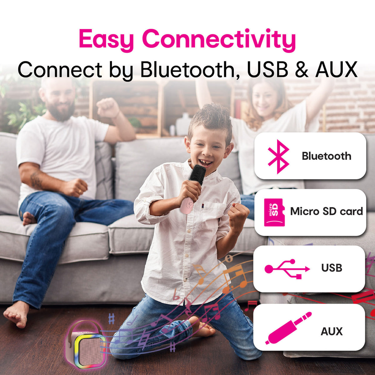 Laser Mini Karaoke Speaker with 2 Wireless Mics - Pink