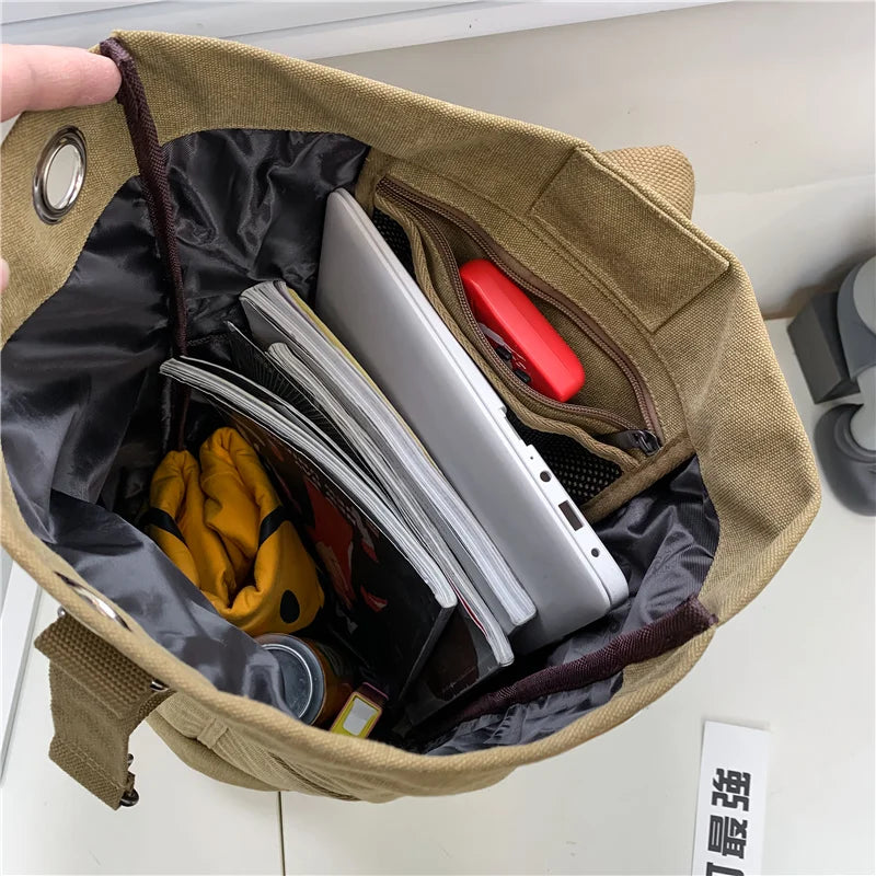 Canvas Travel Backpack with Bucket Design Khaki