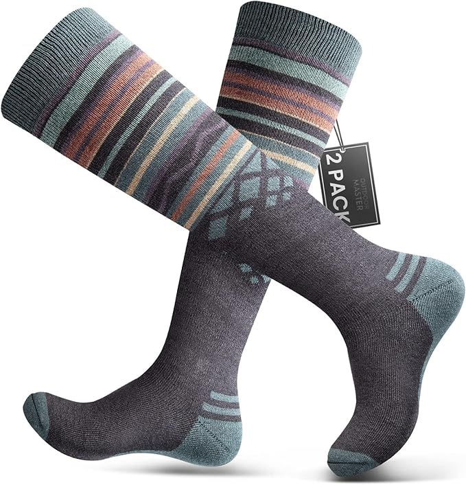 OutdoorMaster Ski Socks 2 - Pack Merino Wool, Over The Calf Non - Slip Cuff